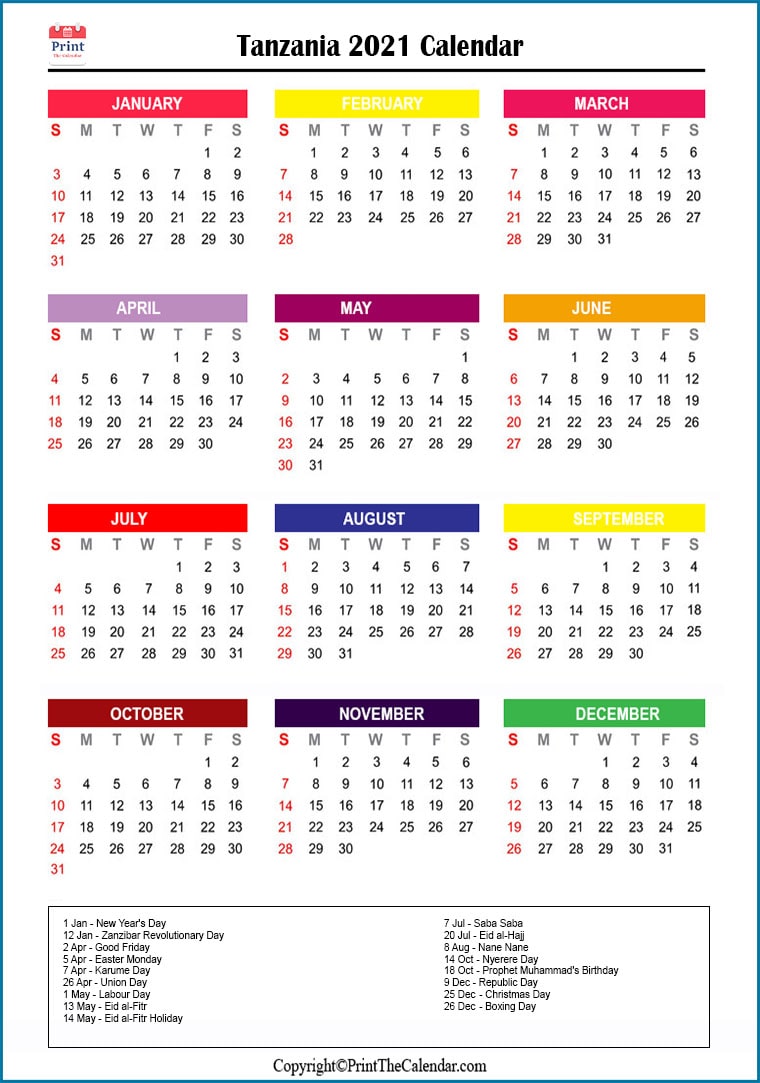 Tanzania Printable Calendar 2021